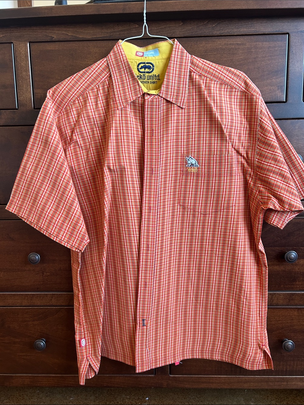Ecko Unlimited Orange Plaid Short-Sleeve Button-Down Shirt with Embroidered Logo